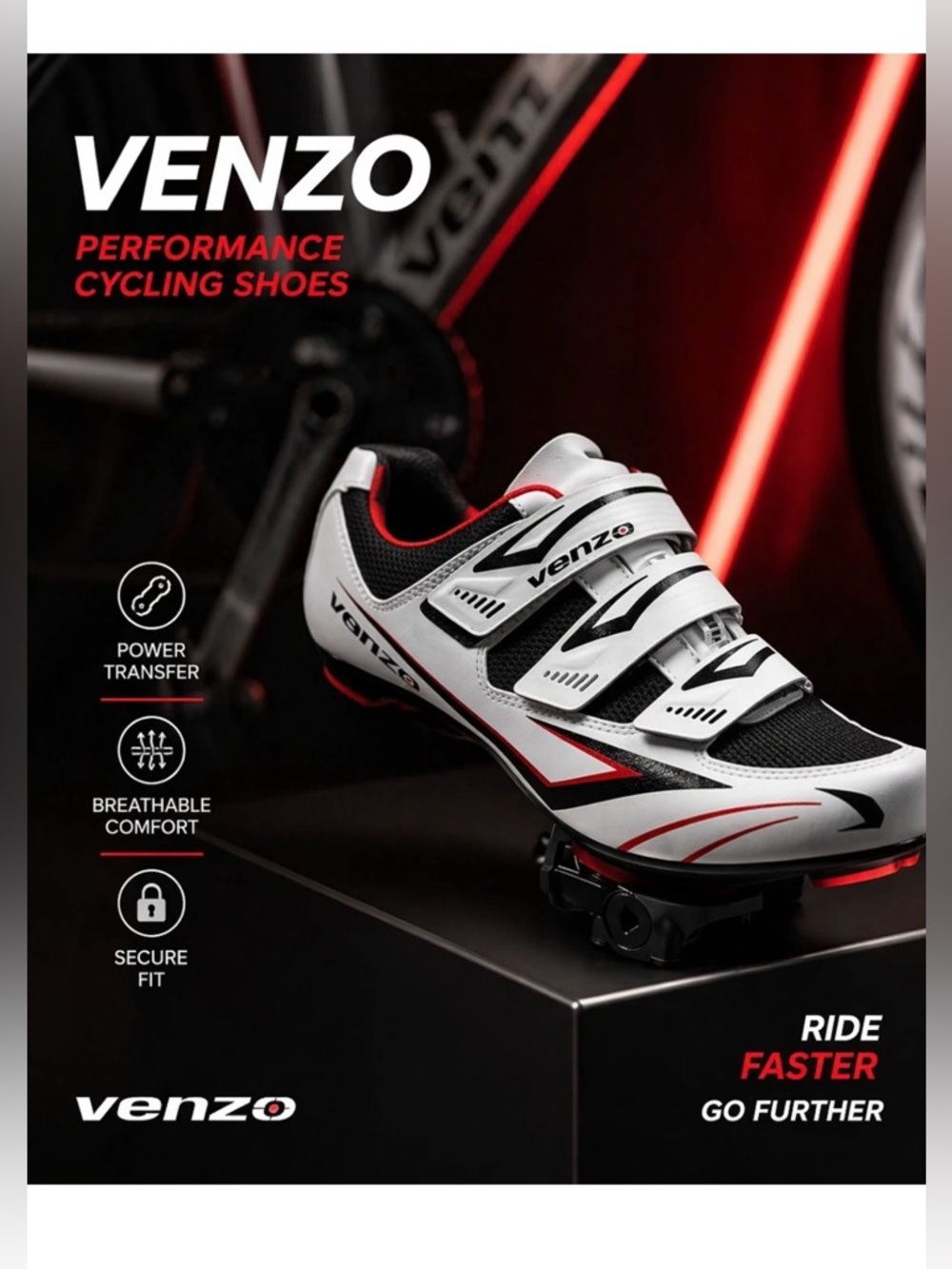 Venzo Men’s Performance Cycling Shoes - White / Black with Red Accents